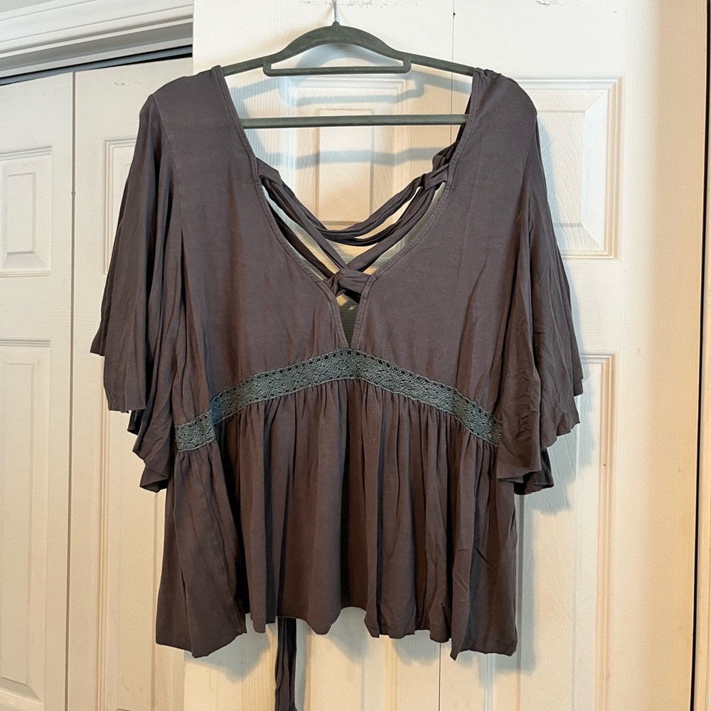 POL Dark Brown Blouse with Lace Accent